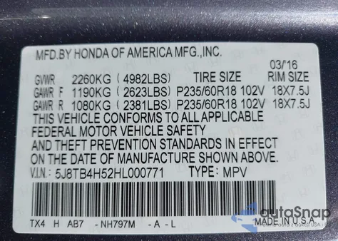 2017 Acura Rdx Technology Acurawatch Plus Packages/W/Technology Package from USA, damaged, VIN 5J8TB4H52HL000771